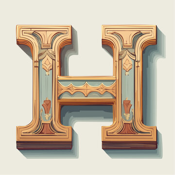 A detail letter H alphabet classic style, linocut and engraving illustration style