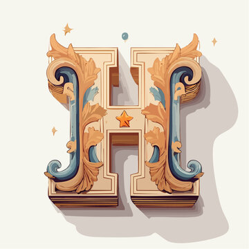 A detail letter H alphabet classic style, linocut and engraving illustration style