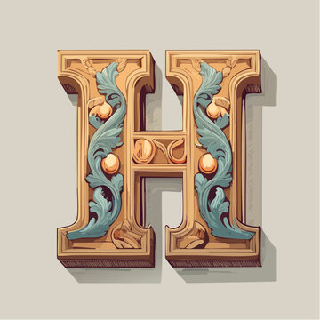 A detail letter H alphabet classic style, linocut and engraving illustration style
