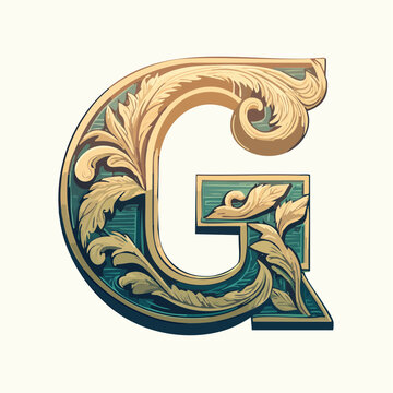 A detail letter G alphabet classic style, linocut and engraving illustration style