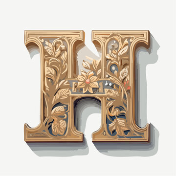 A detail letter H alphabet classic style, linocut and engraving illustration style