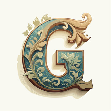 A detail letter G alphabet classic style, linocut and engraving illustration style
