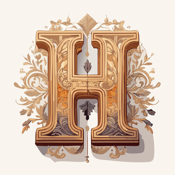 A detail letter H alphabet classic style, linocut and engraving illustration style