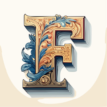 A detail letter F alphabet classic style, linocut and engraving illustration style
