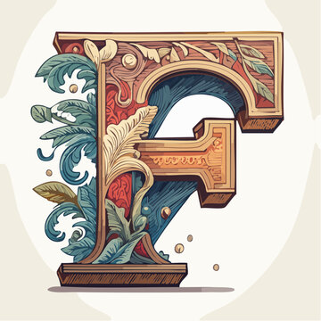A detail letter F alphabet classic style, linocut and engraving illustration style
