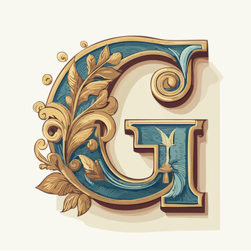 A detail letter G alphabet classic style, linocut and engraving illustration style