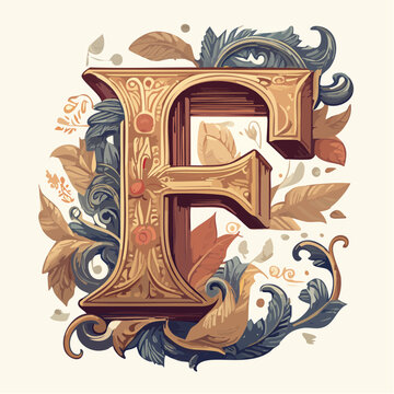 A detail letter F alphabet classic style, linocut and engraving illustration style

