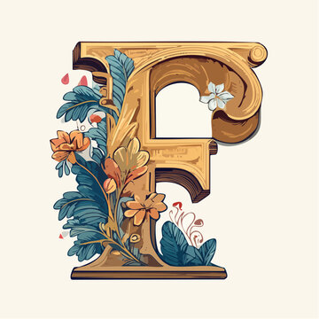 A detail letter F alphabet classic style, linocut and engraving illustration style
