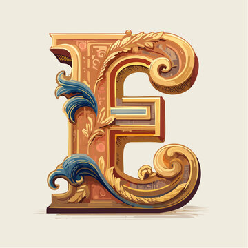A detail letter E alphabet classic style, linocut and engraving illustration style
