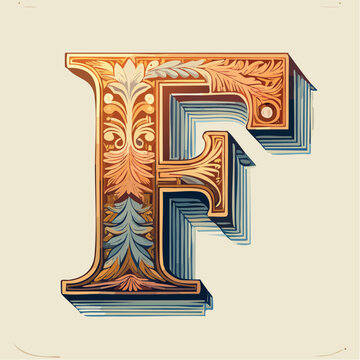 A detail letter F alphabet classic style, linocut and engraving illustration style
