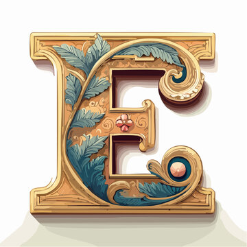 A detail letter E alphabet classic style, linocut and engraving illustration style

