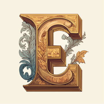 A detail letter E alphabet classic style, linocut and engraving illustration style
