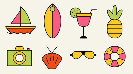 Poster - A collection of minimalist geometric summer icons presented in a clean modern style with a vibrant color palette suitable for various design applications