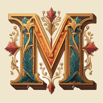 A detail letter M alphabet classic style, linocut and engraving illustration style