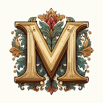 A detail letter M alphabet classic style, linocut and engraving illustration style