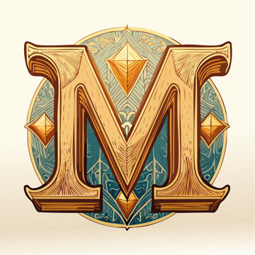 A detail letter M alphabet classic style, linocut and engraving illustration style