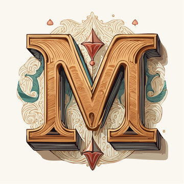 A detail letter M alphabet classic style, linocut and engraving illustration style