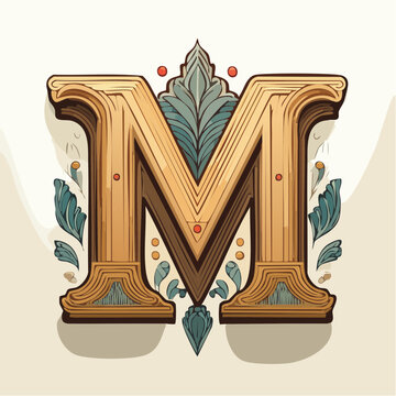 A detail letter M alphabet classic style, linocut and engraving illustration style
