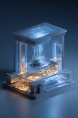 Poster - Futuristic wireframe vault with glowing currency and digital atmosphere