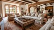 © phetsavun - Cozy living room with rustic wooden beams, comfortable sofas, armchairs, warm lighting, and large windows letting in natural light.