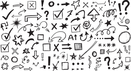Poster - Collection of hand drawn arrows checkmarks stars and symbols isolated on transparent background