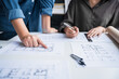 © Charlie's - Architecture drawing on architectural Creative project business architecture building construction Industrial engineering Achievement Planning Design on blueprint.