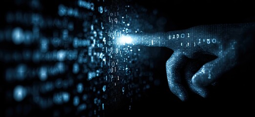 Digital hand interacting with binary code