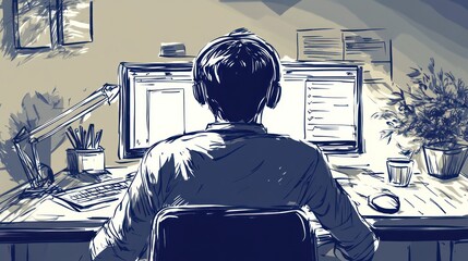 Focused programmer coding late at home office, desk plant background, software development illustration