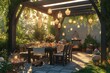 © Виталий Сова - A peaceful 3D dining setup in a lush garden, with glowing lanterns suspended from a pergola and decorative Easter centerpieces enhancing the table’s charm , created by ai
