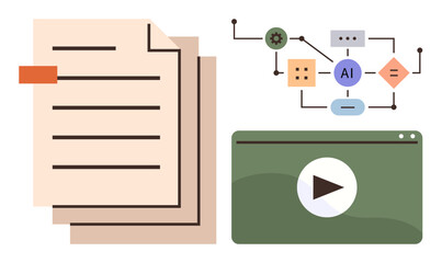 Poster - Documents, flowchart with AI connection and video player screen. Ideal for technology, AI processes, automation, education, multimedia, workflow and innovation concepts. Simple flat metaphor