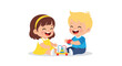 © NanzZ - Happy cartoon kids playing together. Cute little boy and girl with a toy, sharing a joyful moment of friendship. Vector illustration.