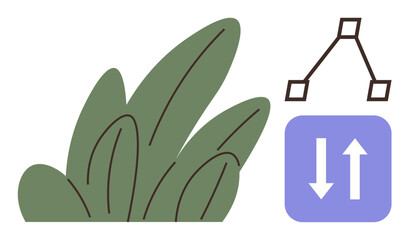 Poster - Simplistic green leaves, abstract diagram, and double arrows emphasize natural ecosystems, workflows, environment, growth, collaboration. Ideal for ecology, sustainability productivity strategy