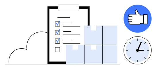 Poster - Clipboard with checklist, stack of boxes, clock, and thumbs-up icon suggesting organization, approval, efficiency, and time management. Ideal for logistics, productivity teamwork supply chain