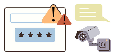 Poster - Login screen with password field, warning icons, security camera, and message bubble. Ideal for privacy, data protection, surveillance, risk management, information security breach alerts simple