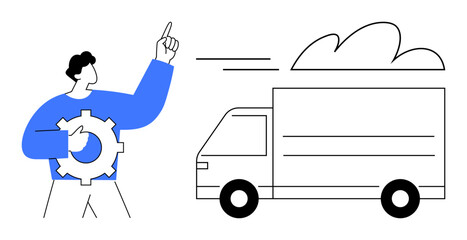 Poster - Person holding a gear and pointing, truck moving forward. Ideal for logistics, innovation, teamwork, efficiency, delivery systems, project management, simple flat metaphor