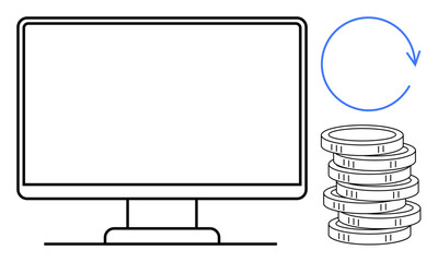 Poster - Computer monitor with stacked coins and circular arrow representing money transfer, payments, or exchange. Ideal for finance, e-commerce, banking, cryptocurrency, budgeting, accounting simple flat