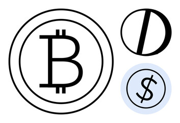 Poster - Bitcoin, dollar, and coin symbols arranged in clean, minimalist style. Ideal for finance, cryptocurrency, blockchain, innovation fintech investment and technology. Simple flat metaphor