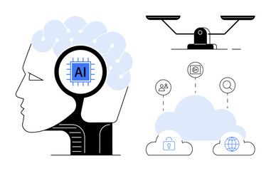 Poster - AI chip inside human profile, cloud network with icons of user, lock, globe, and a balance scale. Ideal for AI, data, cloud, technology innovation ethics digital transformation in simple flat