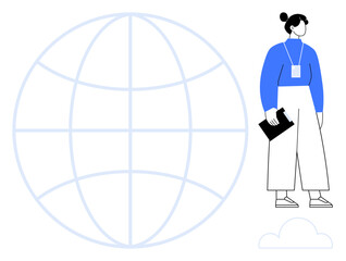 Poster - Woman in blue sweater, white trousers, badge, and clipboard standing next to a globe grid outline with a small cloud. Ideal for teamwork, global communication, leadership, technology, networking