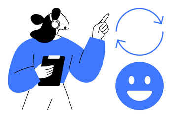 Poster - Support agent wearing headset holding clipboard, gesturing at circular arrows and happy face. Ideal for customer service, workflow, feedback, communication, guidance, teamwork, simple landing page