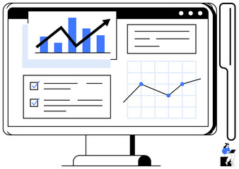 Poster - Computer screen displaying growth chart, checklist, and line graph representing progress tracking and analysis. Ideal for business analytics, strategy, performance, marketing, research, startup
