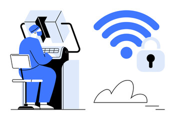 Poster - Person at computer workstation ensuring secure access to wireless networks, cloud storage, and data encryption. Ideal for technology, cybersecurity, data protection, internet privacy, IT support