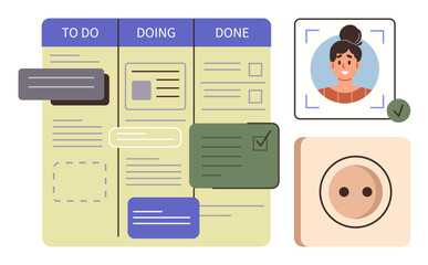 Poster - Kanban board with columns for tasks, user profile photo with verification status, and a checkbox symbol. Ideal for project planning, workflow optimization, productivity, user management
