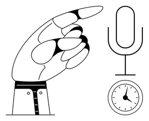 Poster - Minimalist hand gesture directs to a microphone and clock, symbolizing voice commands, precision, and timing. Ideal for technology, productivity, communication, AI, time focus instructions simple
