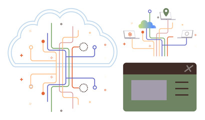 Poster - Cloud with network pathways connecting devices, data flows, and interface window. Ideal for technology, innovation, cloud computing, data management, networking, IT solutions simple flat metaphor