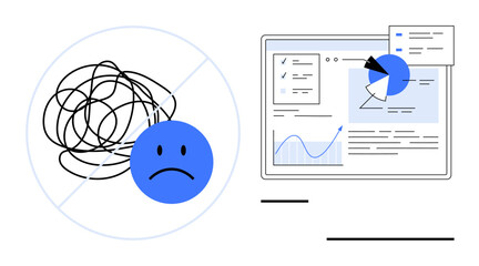 Poster - Sad face with tangled lines contrasted with organized data on screen showing charts and graphs. Ideal for productivity, problem-solving, data analysis, clarity, focus, efficiency, simple landing page