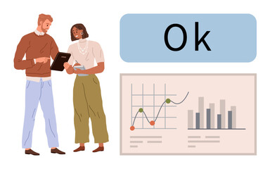 Poster - Two colleagues reviewing data on a tablet, bar and line graph presentation, OK approval message. Ideal for teamwork, data analysis, strategy, communication, collaboration, productivity simple flat
