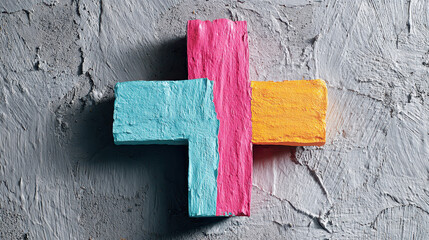 Poster - Colorful plus sign on a textured gray background.