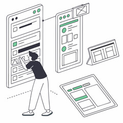 person arranging website content and user interface elements on a digital board and screens