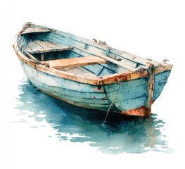  Aged rowboat on water, watercolor style